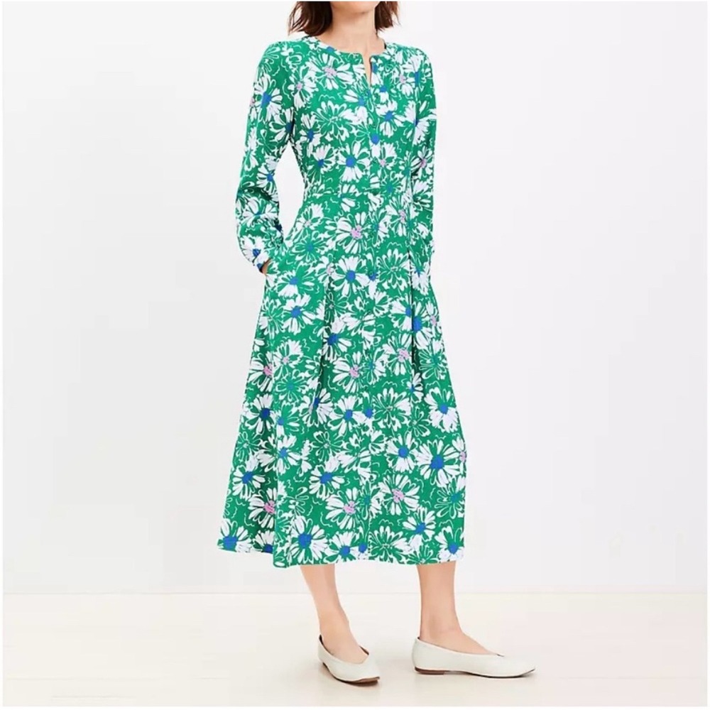 LOFT Green Floral Daisy Button‎ Front Long Sleeve Midi Dress NWT Size 4